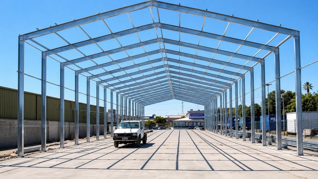 Pre-engineered steel warehouse structure under construction